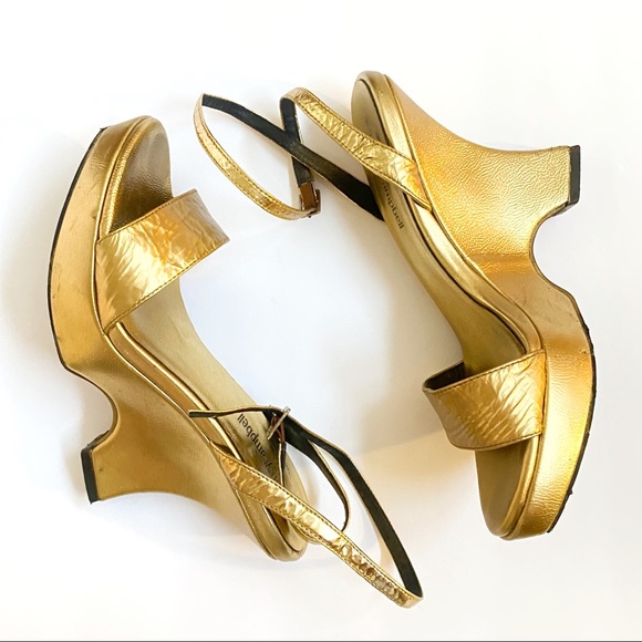 Jeffrey Campbell metallic gold leather open toe ankle strap platform wedge heels - Picture 5 of 9